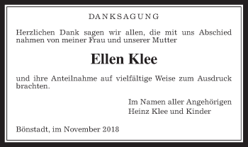 Traueranzeige von Ellen Klee von Wetterauer Zeitung, Wetterauer Zeitung