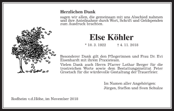 Traueranzeige von Else Köhler von Wetterauer Zeitung, Wetterauer Zeitung
