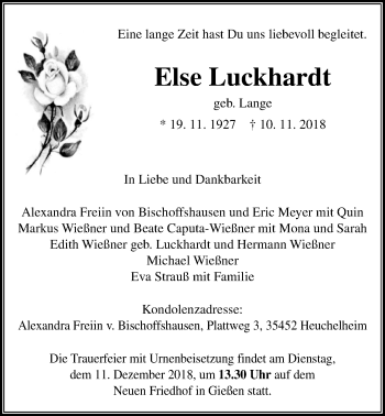 Traueranzeige von Else Luckhardt von Giessener Allgemeine, Alsfelder Allgemeine