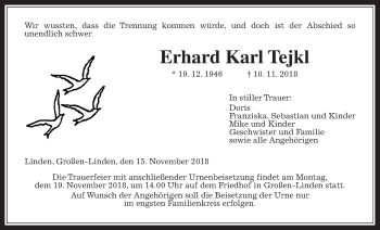 Traueranzeige von Erhard Karl Tejkl von Giessener Allgemeine, Alsfelder Allgemeine