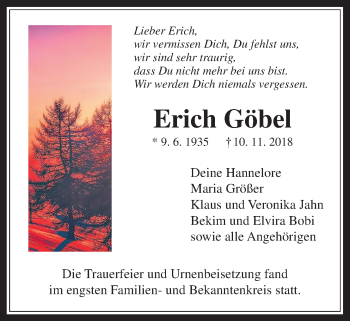 Traueranzeige von Erich Göbel von Giessener Allgemeine, Alsfelder Allgemeine