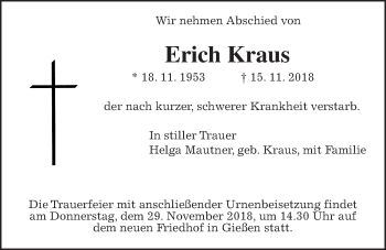 Traueranzeige von Erich Kraus von Alsfelder Allgemeine, Giessener Allgemeine