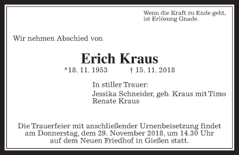 Traueranzeige von Erich Kraus von Giessener Allgemeine, Alsfelder Allgemeine