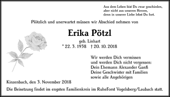 Traueranzeige von Erika Pötzl von Giessener Allgemeine, Alsfelder Allgemeine