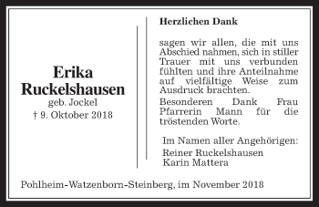 Traueranzeige von Erika Ruckelshausen von Pohlheimer Nachrichten