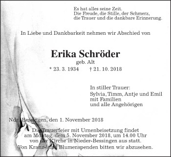 Traueranzeige von Erika Schröder von Giessener Allgemeine, Alsfelder Allgemeine
