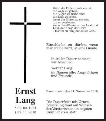 Traueranzeige von Ernst Lang von Wetterauer Zeitung, Wetterauer Zeitung