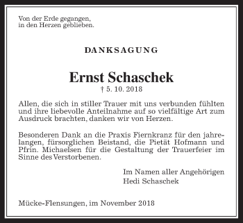 Traueranzeige von Ernst Schaschek von Giessener Allgemeine, Alsfelder Allgemeine