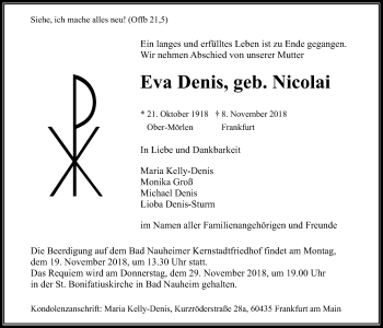 Traueranzeige von Eva Denis von Wetterauer Zeitung, Wetterauer Zeitung