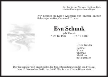 Traueranzeige von Eva Schunk von Wetterauer Zeitung, Wetterauer Zeitung
