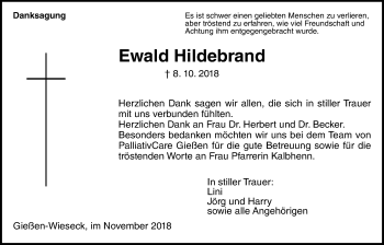 Traueranzeige von Ewald Hildebrand von Giessener Allgemeine, Alsfelder Allgemeine