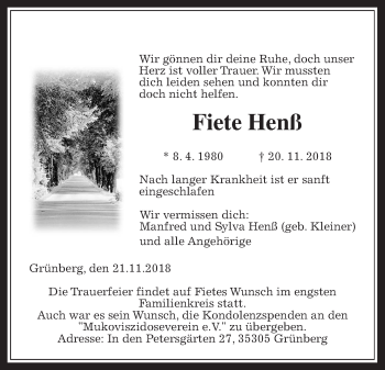 Traueranzeige von Fiete Henß von Giessener Allgemeine, Alsfelder Allgemeine