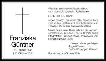 Traueranzeige von Franziska Güntner von Wetterauer Zeitung, Wetterauer Zeitung