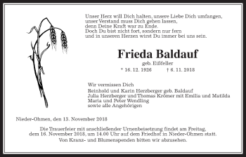 Traueranzeige von Frieda Baldauf von Giessener Allgemeine, Alsfelder Allgemeine
