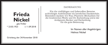 Traueranzeige von Frieda Nickel von Giessener Allgemeine, Alsfelder Allgemeine