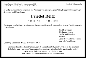 Traueranzeige von Friedel Reitz von Giessener Allgemeine, Alsfelder Allgemeine
