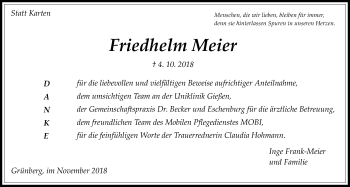 Traueranzeige von Friedhelm Meier von Heimatzeitung Grünberg + Laubach