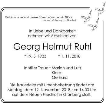 Traueranzeige von Georg Helmut Ruhl von Giessener Allgemeine, Alsfelder Allgemeine