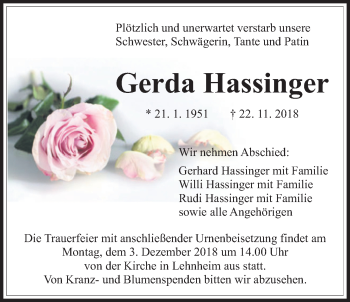 Traueranzeige von Gerda Hassinger von Giessener Allgemeine, Alsfelder Allgemeine