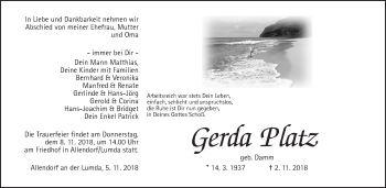 Traueranzeige von Gerda Platz von Giessener Allgemeine, Alsfelder Allgemeine, Wetterauer Zeitung, Wetterauer Zeitung