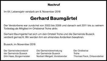 Traueranzeige von Gerhard Baumgärtel von Giessener Allgemeine, Alsfelder Allgemeine