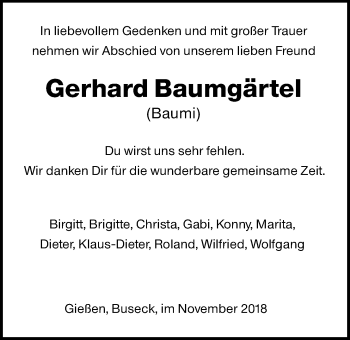 Traueranzeige von Gerhard Baumgärtel von Giessener Allgemeine, Alsfelder Allgemeine