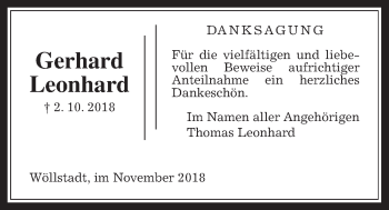Traueranzeige von Gerhard Leonhard von Wetterauer Zeitung, Wetterauer Zeitung