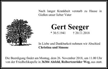 Traueranzeige von Gert Seeger von Giessener Allgemeine, Alsfelder Allgemeine