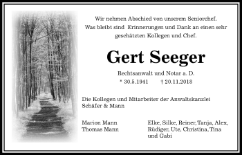 Traueranzeige von Gert Seeger von Giessener Allgemeine, Alsfelder Allgemeine