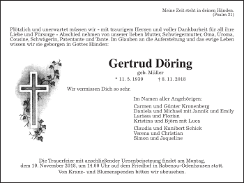 Traueranzeige von Gertrud Döring von Giessener Allgemeine, Alsfelder Allgemeine