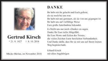 Traueranzeige von Gertrud Kirsch von Giessener Allgemeine, Alsfelder Allgemeine