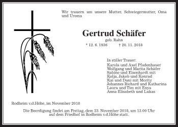 Traueranzeige von Gertrud Schäfer von Wetterauer Zeitung, Wetterauer Zeitung