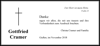 Traueranzeige von Gottfried Cramer von Giessener Allgemeine, Alsfelder Allgemeine