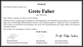 Traueranzeige von Grete Faber von Giessener Allgemeine, Alsfelder Allgemeine