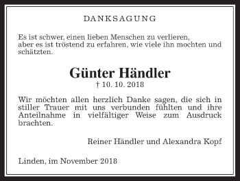 Traueranzeige von Günter Händler von Giessener Allgemeine, Alsfelder Allgemeine