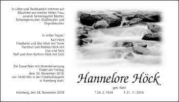 Traueranzeige von Hannelore Höck von Alsfelder Allgemeine