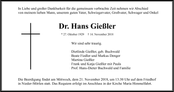 Traueranzeige von Hans Gießler von Wetterauer Zeitung, Wetterauer Zeitung