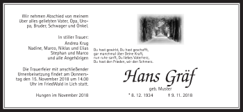 Traueranzeige von Hans Gräf von Wetterauer Zeitung, Wetterauer Zeitung