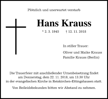 Traueranzeige von Hans Krauss von Giessener Allgemeine, Alsfelder Allgemeine