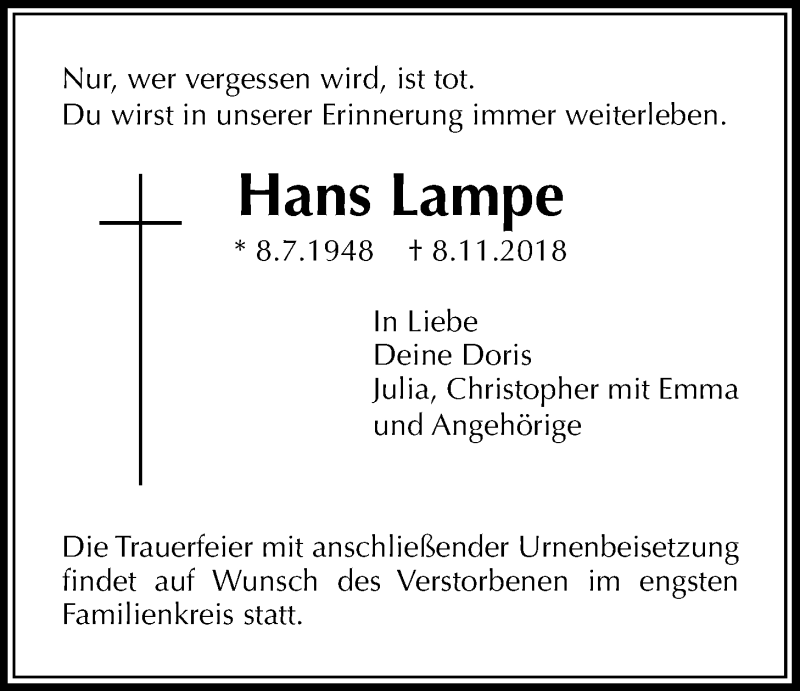  Traueranzeige für Hans Lampe vom 15.11.2018 aus Licher Wochenblatt, Licher Wochenblatt, Licher Wochenblatt