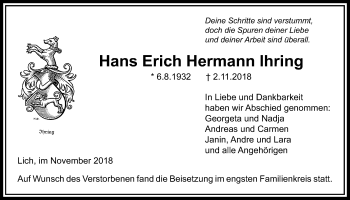 Traueranzeige von Hans Erich Hermann Ihring von Licher Wochenblatt, Licher Wochenblatt, Licher Wochenblatt