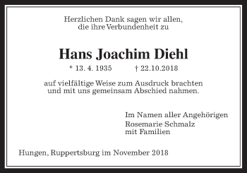 Traueranzeige von Hans Joachim Diehl von Laubacher Anzeiger