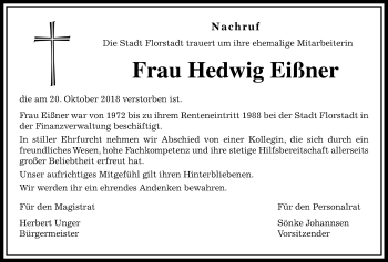 Traueranzeige von Hedwig Eißner von Wetterauer Zeitung, Wetterauer Zeitung