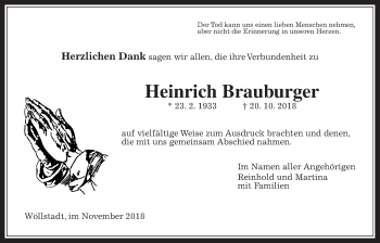 Traueranzeige von Heinrich Brauburger von Wetterauer Zeitung, Wetterauer Zeitung