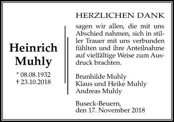 Traueranzeige von Heinrich Muhly von Giessener Allgemeine, Alsfelder Allgemeine