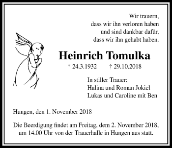 Traueranzeige von Heinrich Tomulka von Licher Wochenblatt, Licher Wochenblatt, Licher Wochenblatt