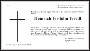 Traueranzeige von Heinrich Fridolin Friedl von Wetterauer Zeitung, Wetterauer Zeitung