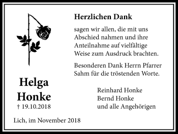 Traueranzeige von Helga Honke von Licher Wochenblatt, Licher Wochenblatt, Licher Wochenblatt
