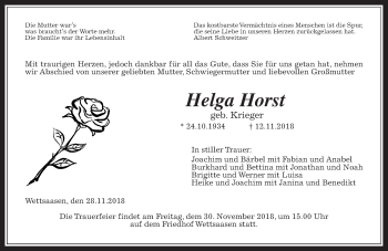 Traueranzeige von Helga Horst von Giessener Allgemeine, Alsfelder Allgemeine
