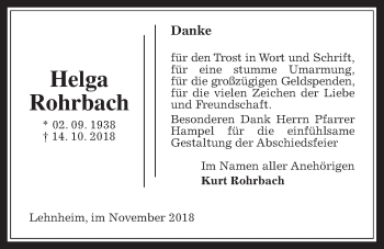Traueranzeige von Helga Rohrbach von Giessener Allgemeine, Alsfelder Allgemeine